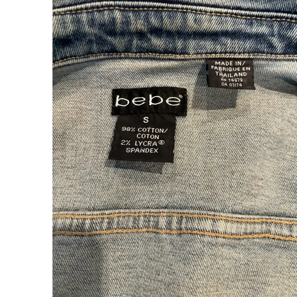 BEBE Denim Jean Jacket with Hand Painted Pink Roses Size Sm, EUC